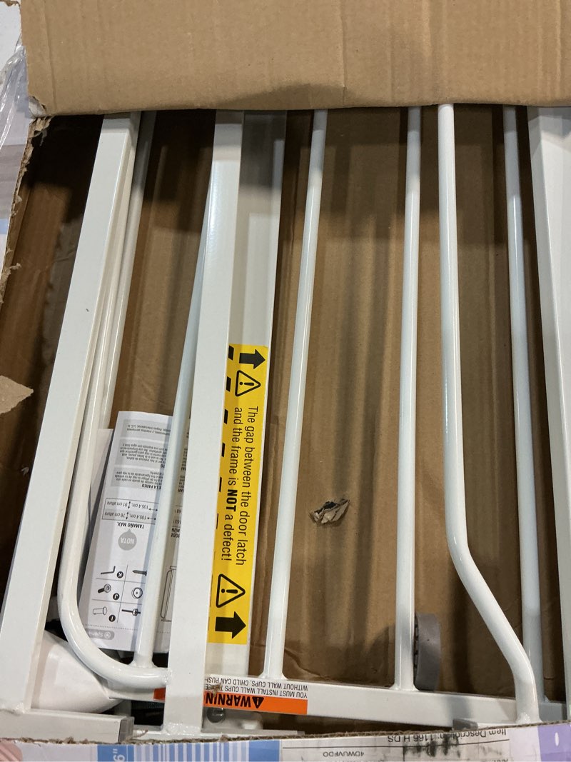 Condition photo showing As Is for regalo safety 36" extra tall baby gate for doorways & bottom of stairs, pressure mounted walk through gate for babies, toddlers & pets, tested & safe for 30 years, american designed, american owned white 29-36.5"w x 36"h