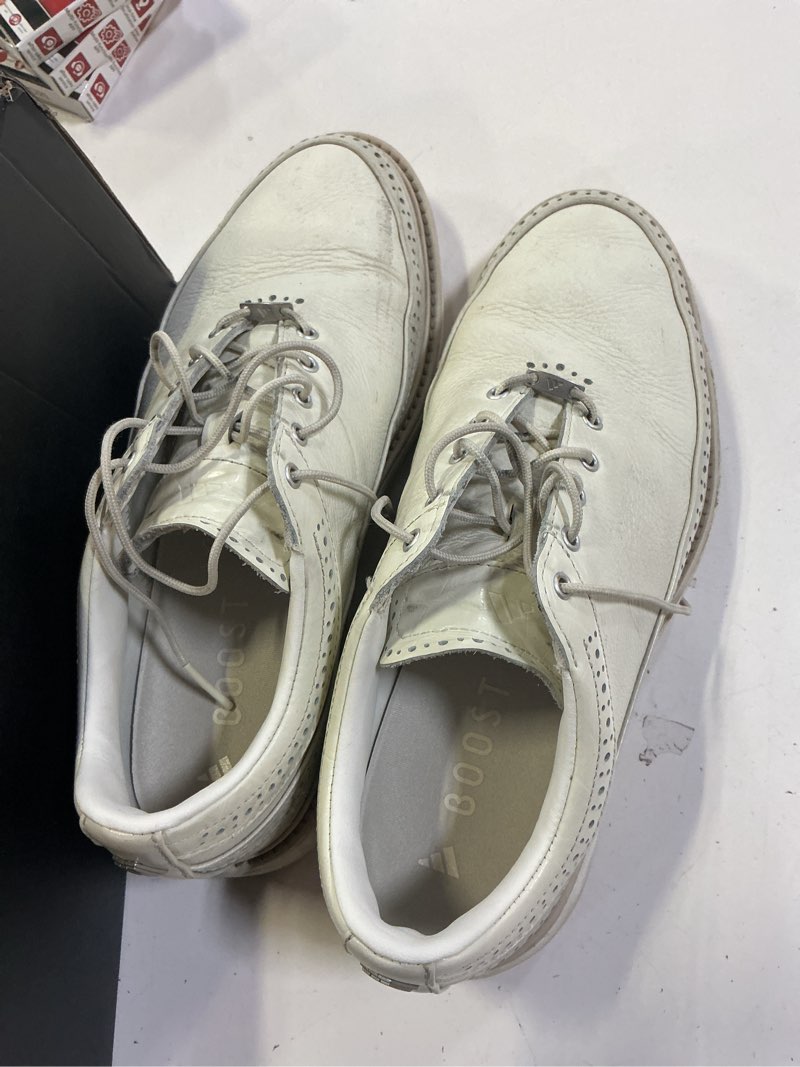 Condition photo showing As Is for adidas men's mc80 spikeless golf shoes 9.5 women/8.5 men off white/orbit grey/wonder silver
