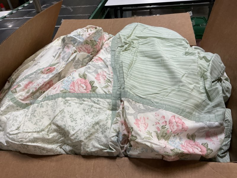Condition photo showing As Is for Laura Ashley - Full Comforter Set, Reversible Cotton Bedding with Matching Shams & Bedskirt, Stylish Home Decor for All Seasons (Harper Sage, Full)