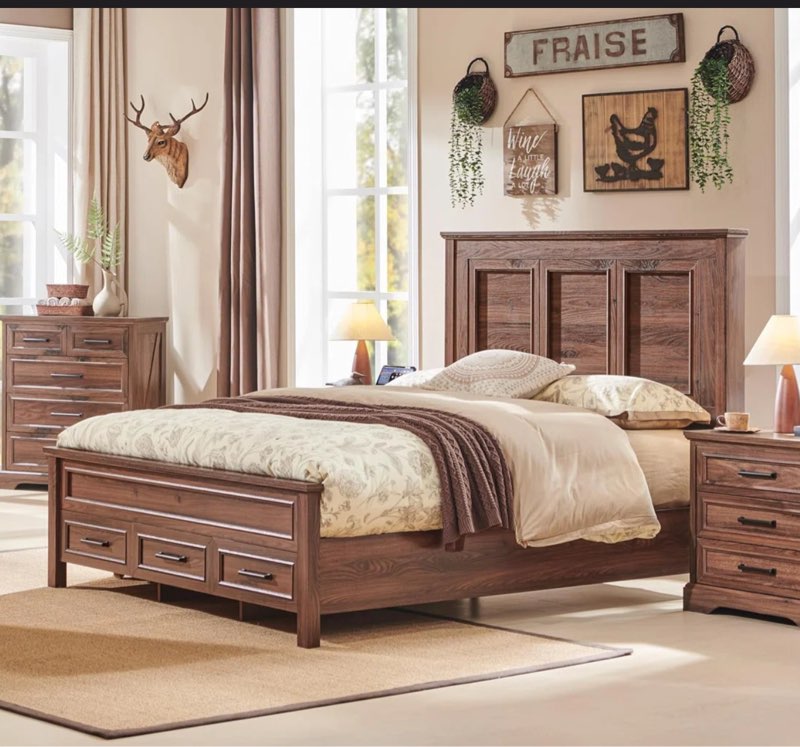 Robincroft Farmhouse Bed Frame With 52" Headboard Wood Platform Bedframe With Storage Drawers