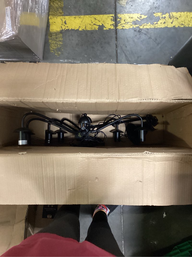 Condition photo showing As Is for black farmhouse outdoor 6 light plug-in chandelier h19”xw23”, curved black arms, and 12 volt, ip65 water resistant electrical components curved black 6 light