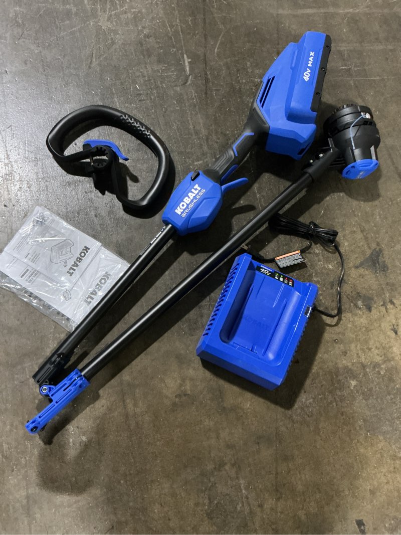 Condition photo showing As Is for missing battery and guard—kobalt gen4 40-volt 15-in straight shaft battery string trimmer 4.0