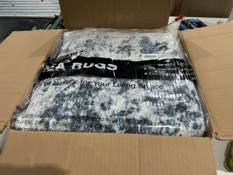 Condition photo showing Good Condition for living room area rugs - 8x10 abstract large soft indoor washable rug neutral modern low pile carpet for bedroom dining room farmhouse home office - blue blue 8' x 10' (rectangular)