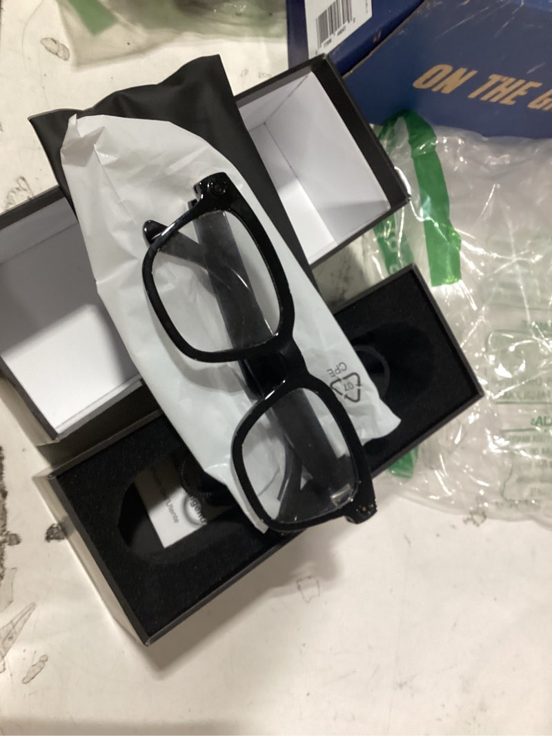 Condition photo showing As Is for ai smart glasses with camera, 1080p video recording glasses, 8mp camera glasses, real time translation, chatgpt ai voice assistant, open-ear audio,sunglasses with color-changing clear and green lenses pure black