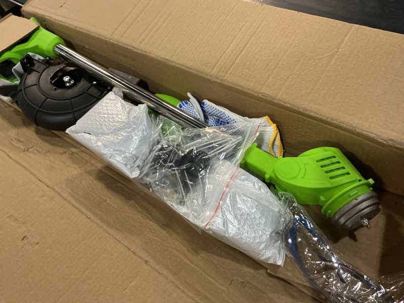 Condition photo showing As Is for 21v electric weed wacker, cordless weed eater battery powered, lightweight stringless weed trimmer with 2 battery operated & wheels, 4 in 1 grass trimmer/brush cutter/lawn edger/mower for garden yard green