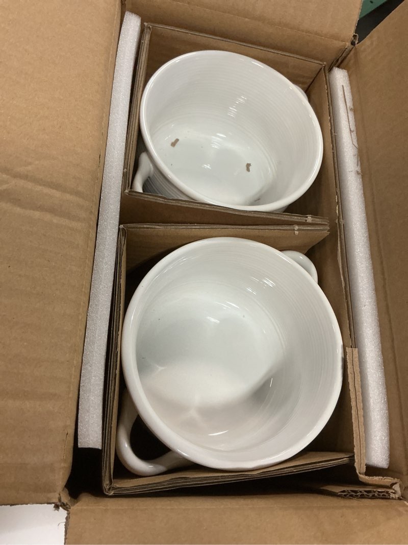 Condition photo showing New/Like New for le tauci soup bowls with handles - 28 oz lead-free ceramic french onion crocks, oven and microwave safe, heat-resistant design, stackable, dishwasher safe, set of 4, white white 28 oz