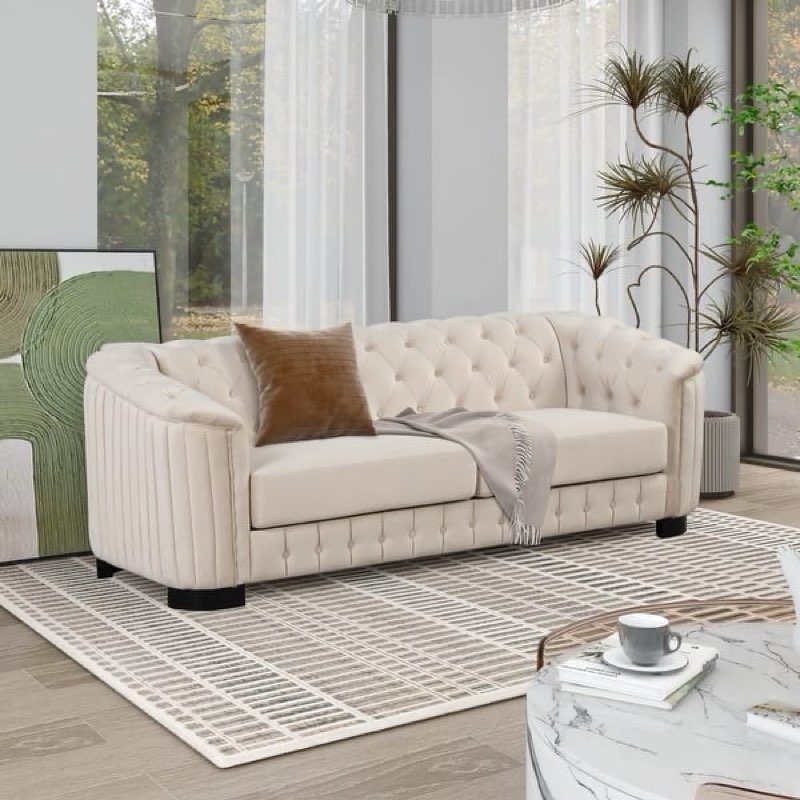beige tufted sofa with nailhead trim(incomplete arms only)