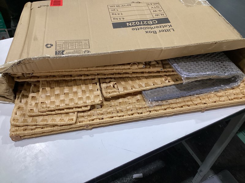 Condition photo showing Good Condition for Aesthetic Cat Litter Box Enclosure, Handwoven Rattan Hidden Litter Box Furniture with Extra Mat and Fence, Large Space Litter Box Cover with Divider for Bedroom Living Room Balcony, Yellow