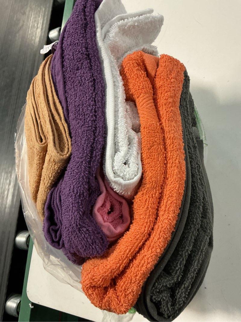 Condition photo showing Good Condition for towel and linen mart 100% cotton 6 pack bath towel set, quick dry, super absorbent, light weight, soft, (27 x 54 pack of 6) (27 x 54 6 pack, plum, pink, beige, grey, white, peach) 27 x 54 6 pack plum , pink , beige , grey , white , peach