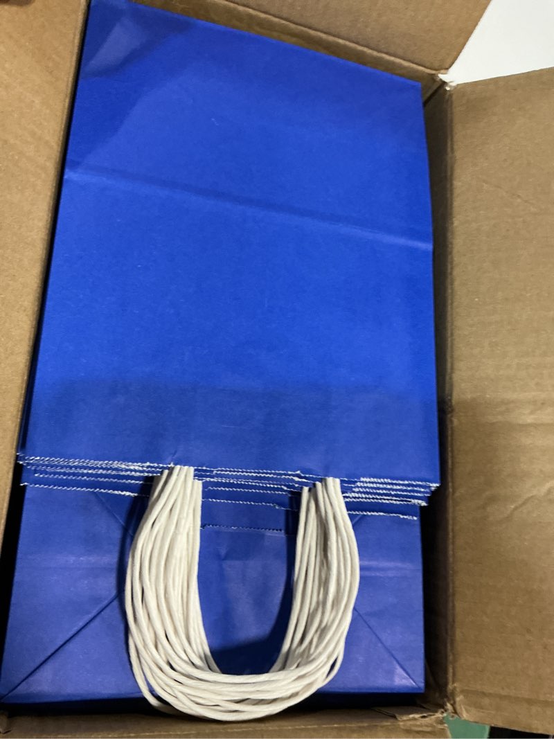 Condition photo showing Good Condition for Toovip 50 Pack 8x4.75x10 Inch Medium Royal Blue Kraft Paper Bags with Handles Bulk, Gift Wrap Bags for Favor Grocery Retail Party Birthday Shopping Business Goody Craft Merchandise Take Out sacks