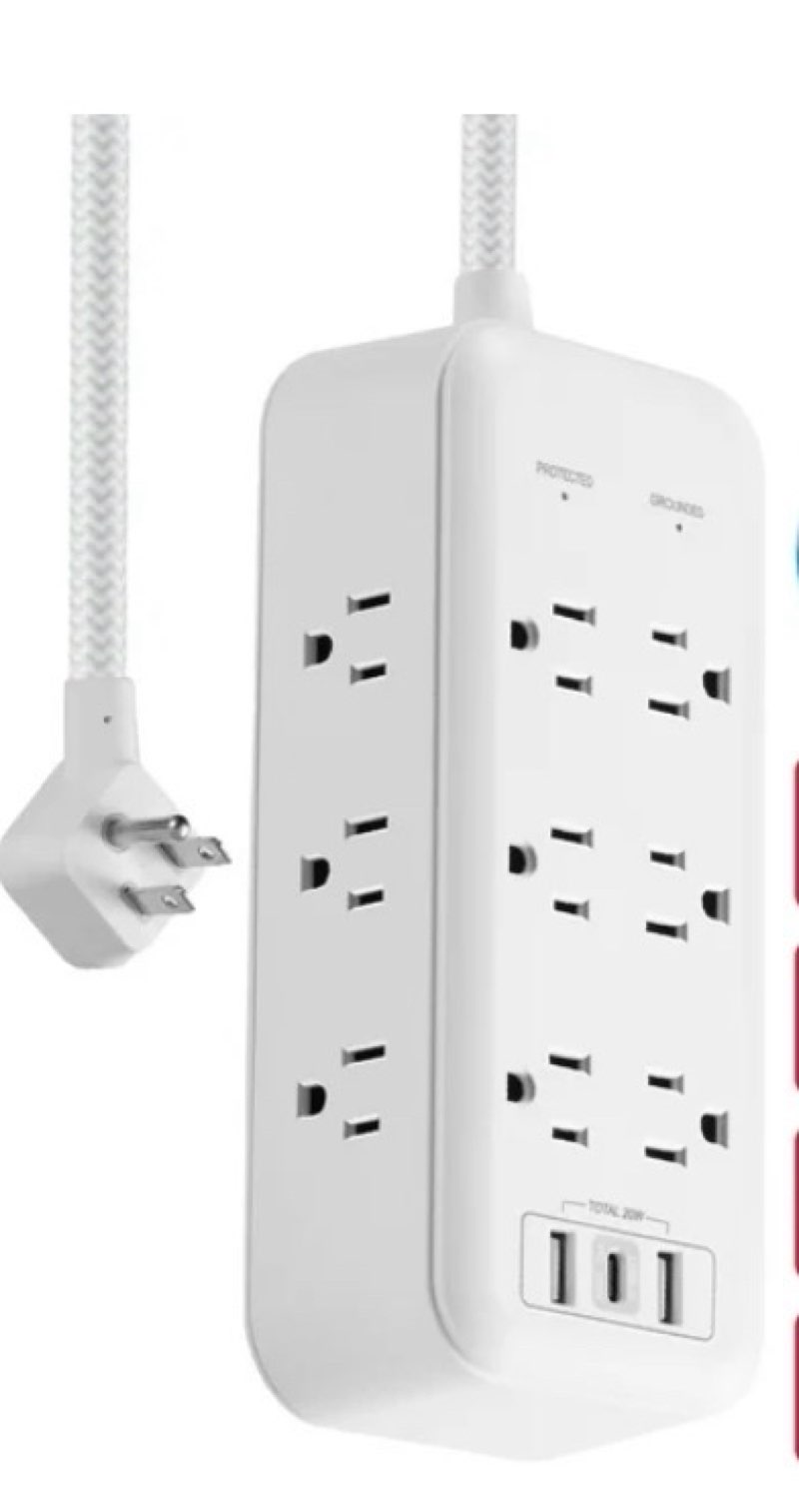 hyper tough usb power strip surge protector, 12 outlet, usb fast charger, 10ft extension cord, white