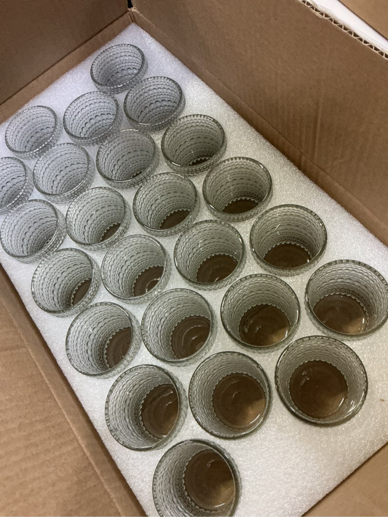 Condition photo showing New/Like New for 24 pcs votive candle holders, glass holders bulk for table centerpiece, tea lights candle holders for wedding shower, party and home decor clear
