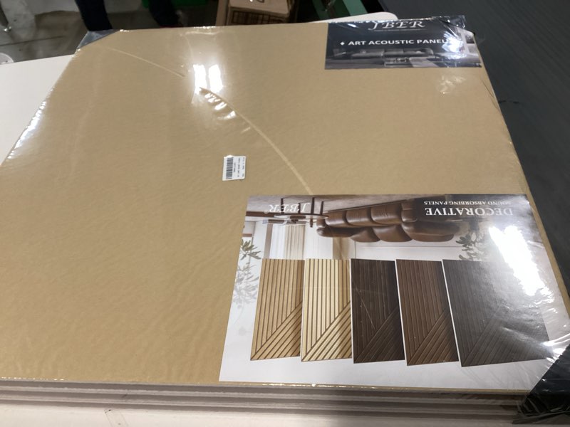 Condition photo showing New/Like New for JBER Acoustical Wall Panels - 6 PCS 23.6 X 23.6 Inches Wood-Pattern Printing Sound Absorbing Panels, Large Self-Adhesive Decorative Soundproof Wall Panels for Studio,Home & Living Room(Light Walnut) 72"×48" Light Walnut