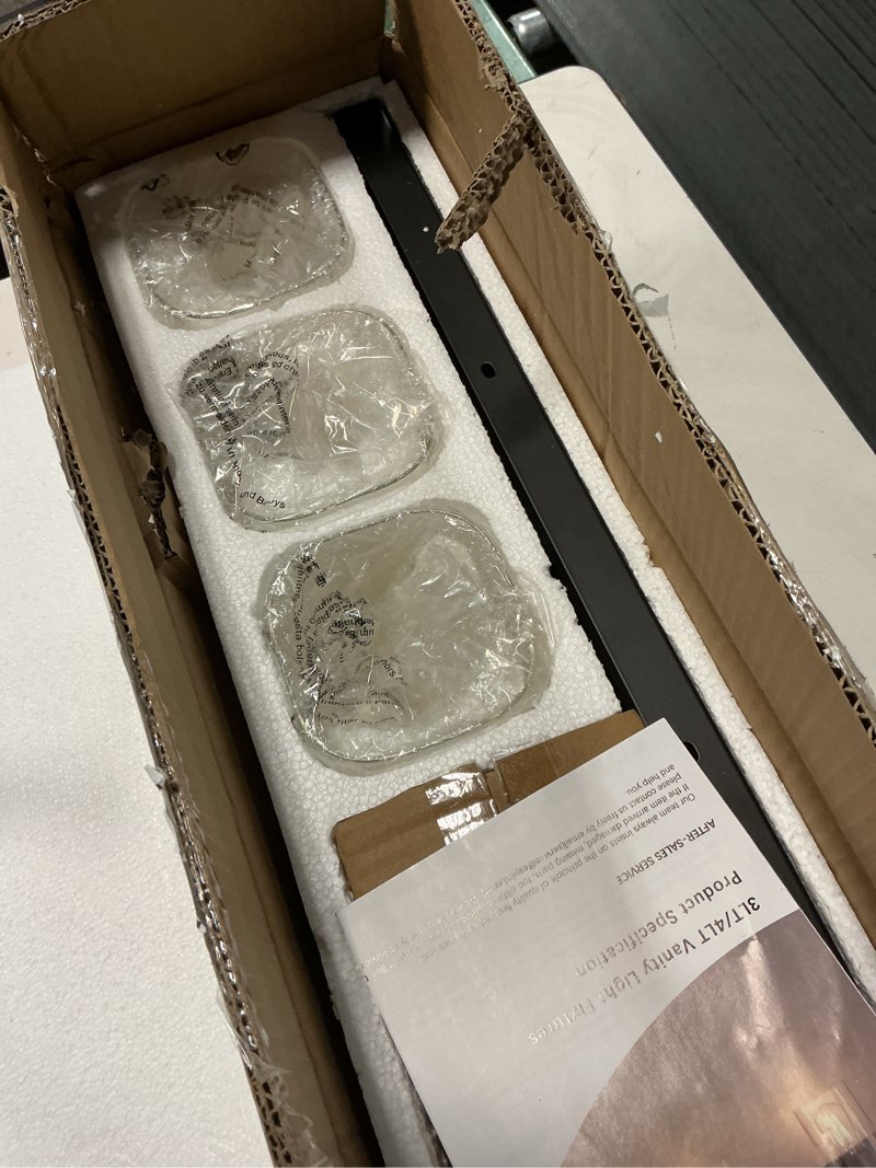 Condition photo showing New/Like New for Bathroom Lighting Fixtures Over Mirror, Square Design & Rectangle Large Backplate, 3 Lights Morden Vanity Lighting Fixtures, Bathroom Light Fixtures for Bathroom/Living Room/Bedroom, Black