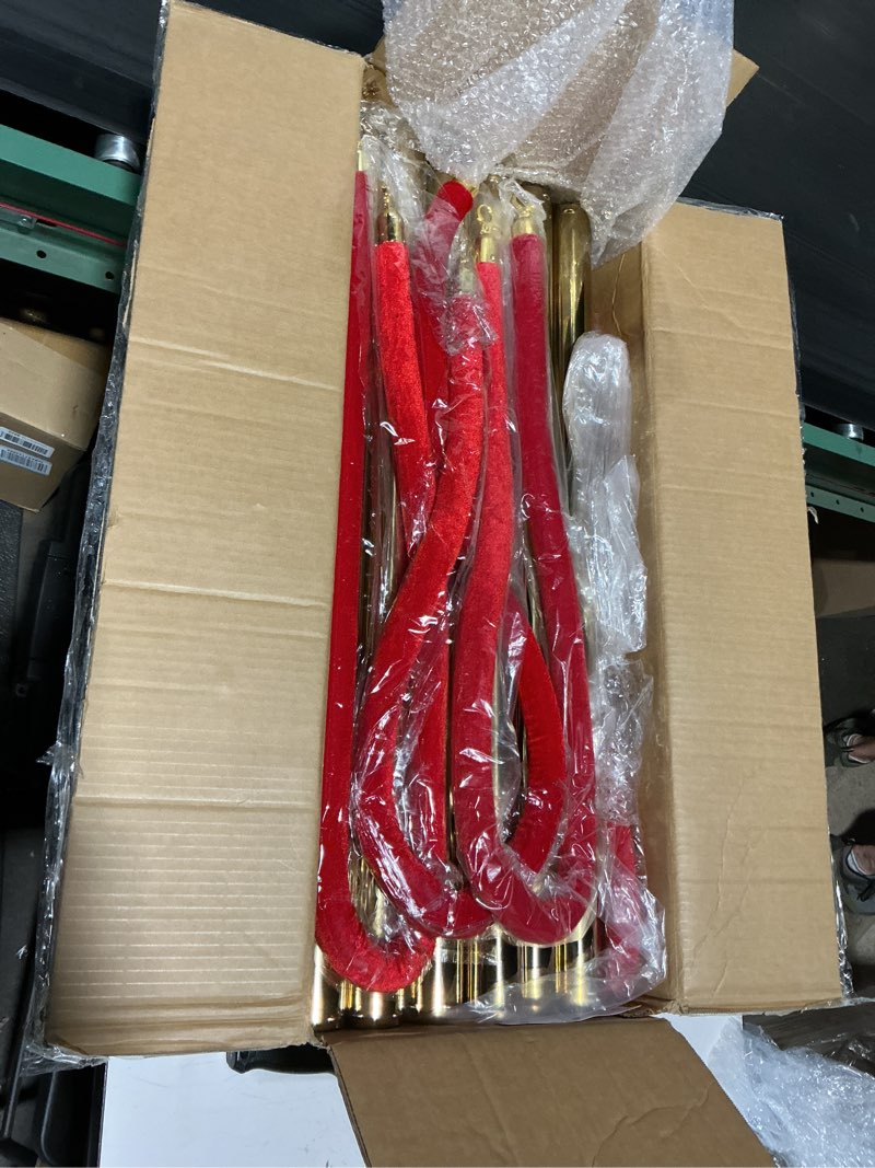 Condition photo showing New/Like New for 6 packs gold stanchion posts with 4 x red velvetropes, 37.5" stainless steel retractable barrier set, crowd control barriers for events, parties, museums, vip events, queue management 6 post i 4 rope