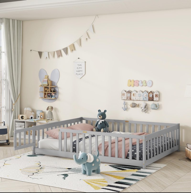 Full Size Floor Bed for Kids, Wooden Montessori Bed Frame with Door, Montessori Floor Bed with Rails for Boys and Girls, No Box Spring Needed, Grey