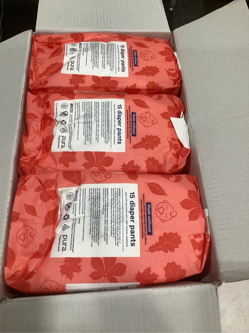 Condition photo showing Good Condition for pura hypoallergenic diaper pants size 9 (48+ lbs) overnight, up to 12 hours leak protection, suitable for sensitive skin, totally chlorine free, soft organic cotton, 3 packs of 15 (45 pull up pants) size 9 45