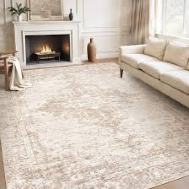8x10 Area Rug for Living Room: Vintage Thin Rug with Non Slip Backing - Washable Carpet for Bedroom 