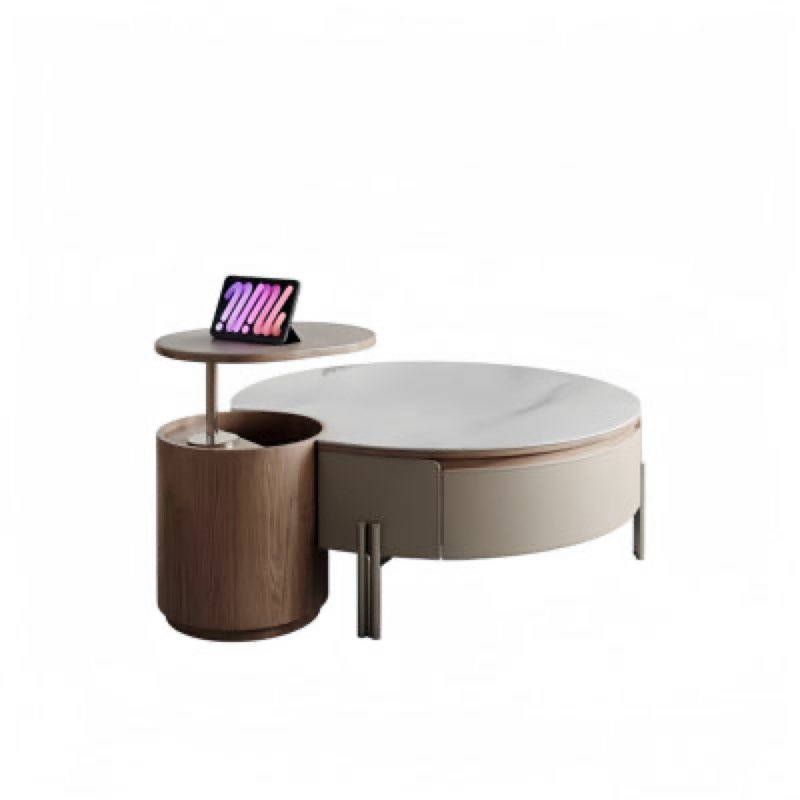 Pre-Assembled Big Round Coffee Table With Drawers And Small Round Side Table