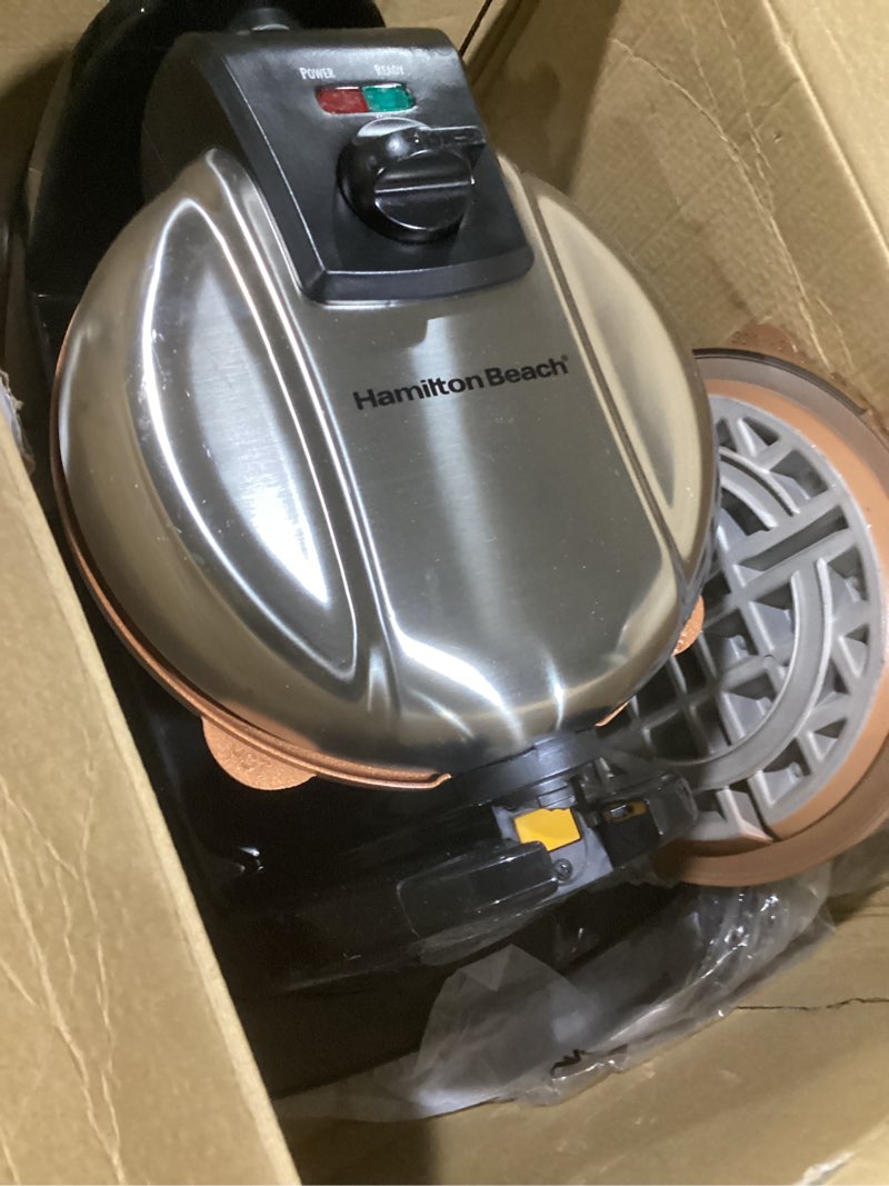 Condition photo showing As Is for Hamilton Beach Belgian Waffle Maker with Removable PFAS-Free Durathon Nonstick Coated Plates, Easy Flip, Ceramic Grids, Black (26031) Black Single Flip, Ceramic Grids