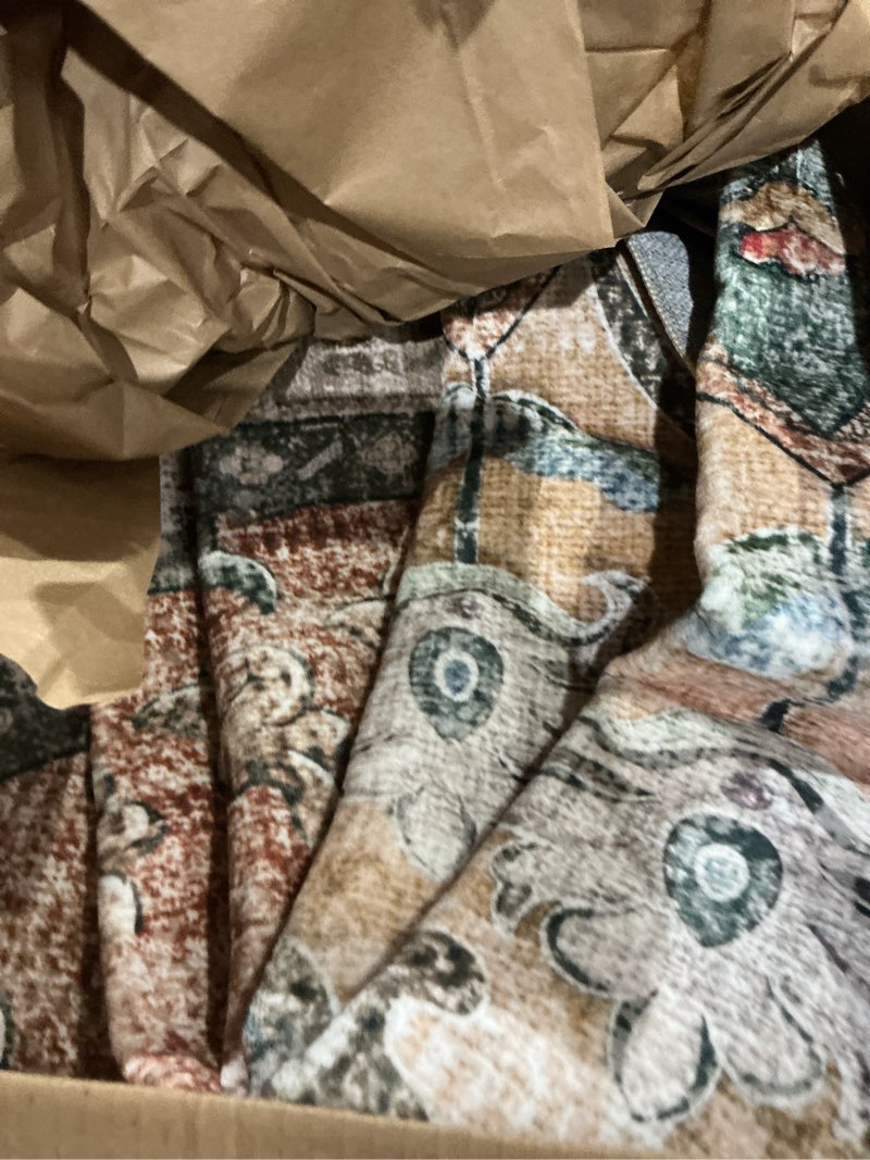 Condition photo showing Good Condition for area rugs 8ft washable non-slip, floral vintage distress print pattern medallion carpet for living room bedroom dining room, brick red rust neutral brown burnt orange brick/brown/green 8' (round)