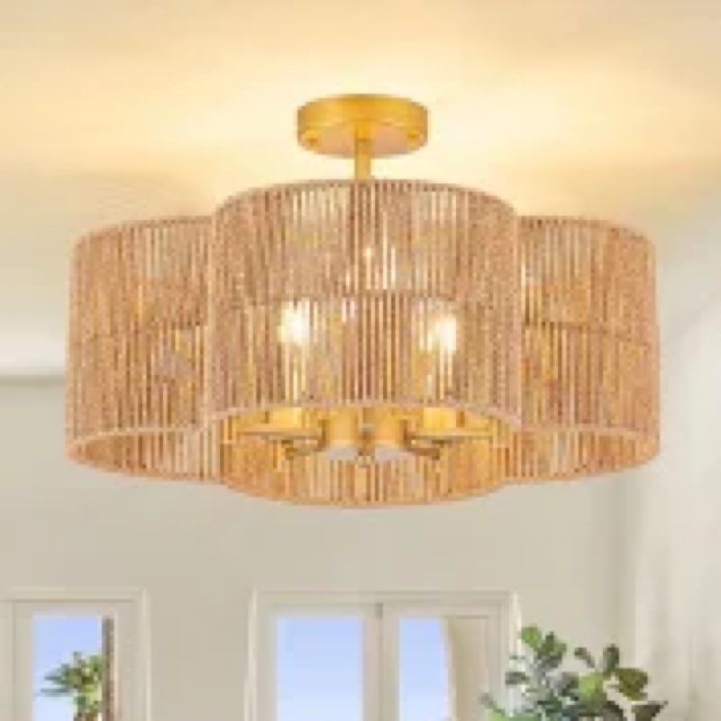 LUZBBLU Boho Light Fixture Rattan Ceiling Light, 5-Light Hand Woven Rattan Light Fixtures Flush Moun