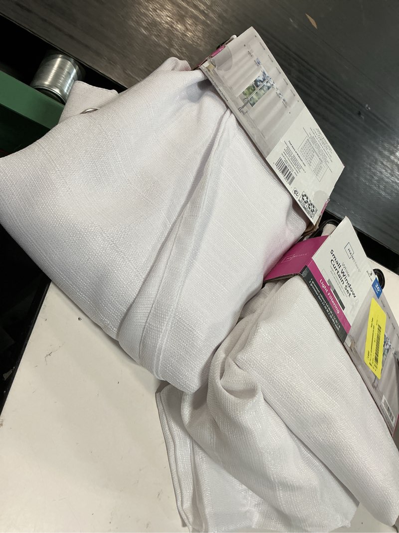 Condition photo showing Good Condition for (2 pack)mainstays solid semi sheer curtain tier pair and valance set  3 piece ready made kitchen curtains  white  54  w x 36  l