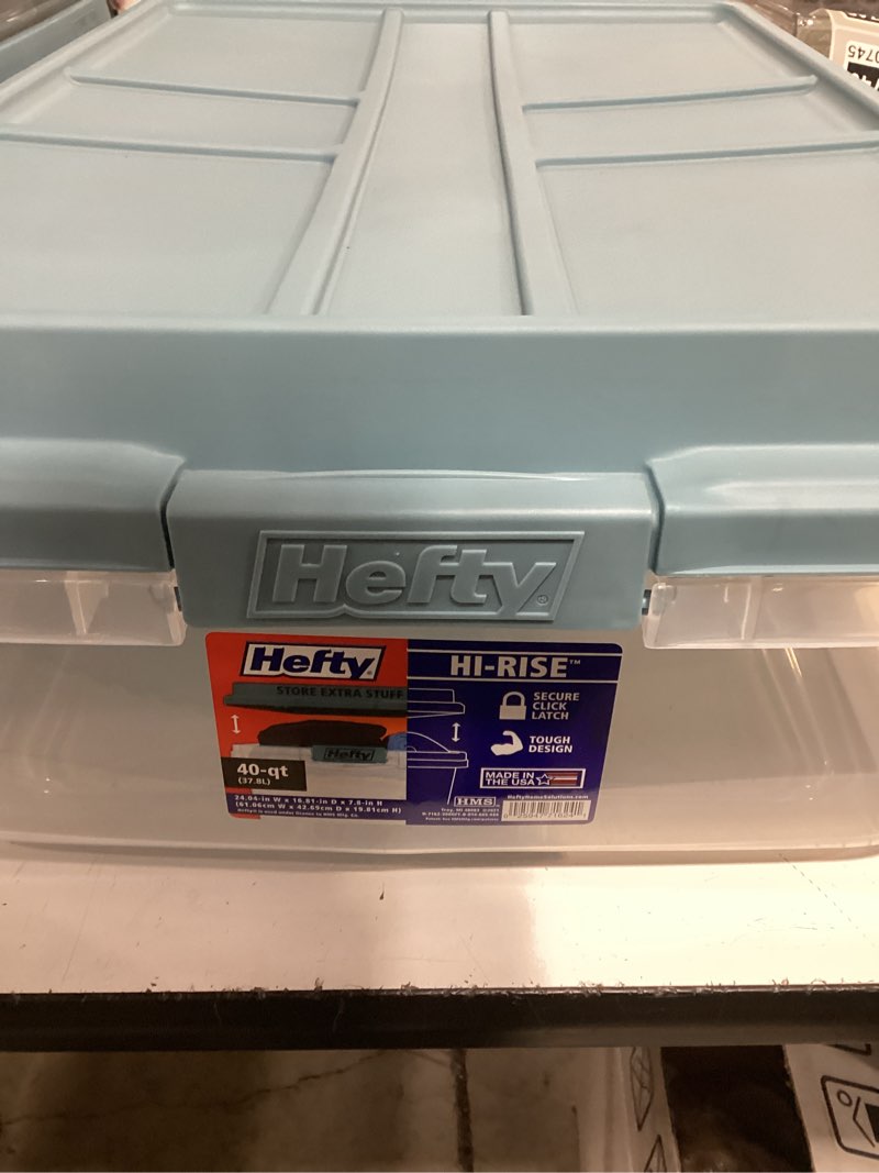 Condition photo showing Good Condition for hefty 40 quart hi-rise storage bin with lid, stackable plastic container tote for home, office, and classroom organization, 6 pack, smoke blue