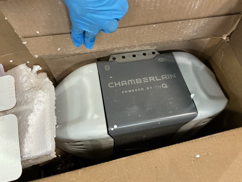 Condition photo showing As Is for Chamberlain C2405 MYQ Smart Garage Door Opener, Chain Drive, 1/2-HP Motor, Dual Light - Quantity 1 C2405 Garage Door Opener