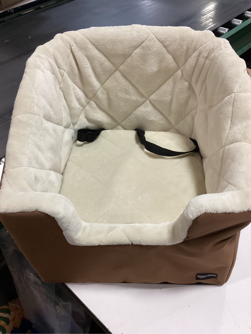 Condition photo showing As Is for Amazon Basics Pet Car Booster Bucket Seat for Small Pets up to 25lbs, Machine Washable Cover, Clip-On Safety Leash, 18" x 18" x 16", Tan Tan 18" x 18" x 16"
