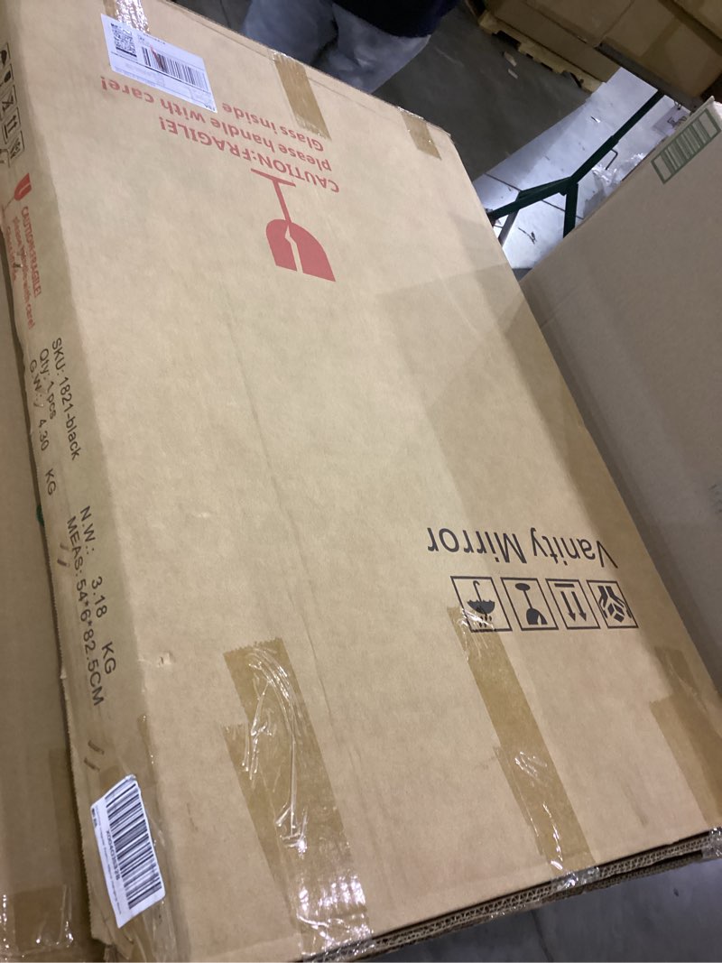 Condition photo showing New/Like New for LED Wall Mirror Irregular Asymmetrical Wall Mirror for Living Room Bathroom Entryway, Modern Decorative Mirror Hanging (Hook Style, 30'' x 18''Walnut Walnut With Led 30"L x 18"W