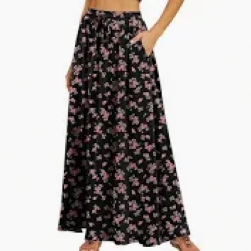 Women's Satin High Waisted Side Split Maxi Skirt Elastic Waistband Long Silk Skirts for Women (Flora