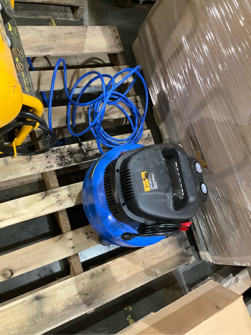 Condition photo showing As Is for kobalt 6-gallon portable electric 150 psi pancake air compressor