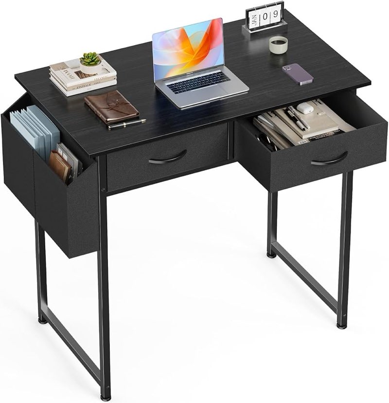 OLIXIS Computer Desk with Drawers Study Writing Table with Storage Bag Headphone Hook Adjustable Feet for Home Office Small Spaces,32IN Black