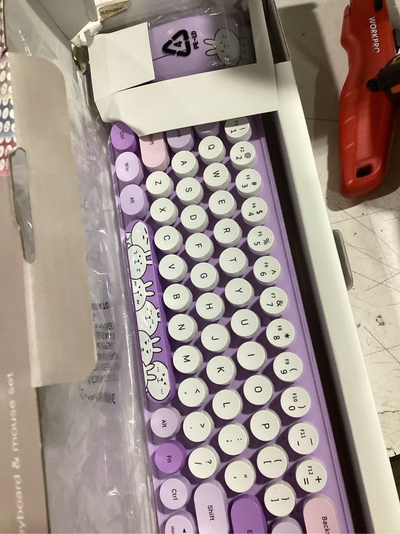 Condition photo showing Good Condition for fopett wireless keyboard and mouse cute mouse and keyboard 2.4g wireless keyboards with colorful 68 keys typewriter retro round keycap for pc, laptop,tablet,computer windows - purple colorful i d purple colorful