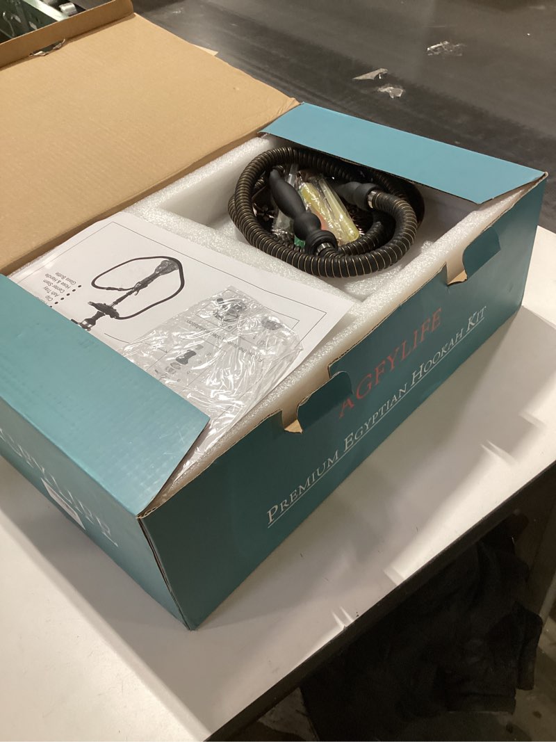 Condition photo showing New/Like New for Hookah Set 25" Egyptian Style Hookah Complete Set with Everything, Shisha Accessories Includes Glass Vase, Clay Bowl, Leather Hookah Hose, Antique Bronze