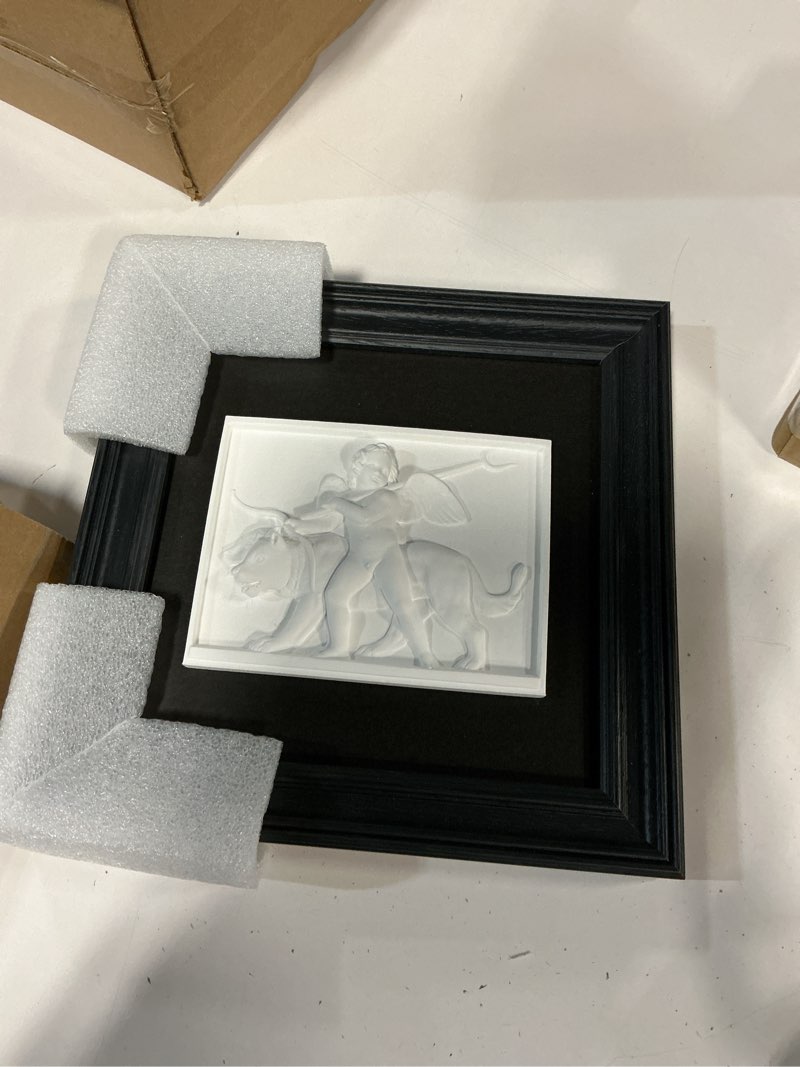 Condition photo showing Good Condition for folkor life cherub angels framed black and white wall art sculpture cupid | classical greek mythology framed plaster relief modern classical wall decor for room, hallway, entryways, new home gift cupid statue sy04