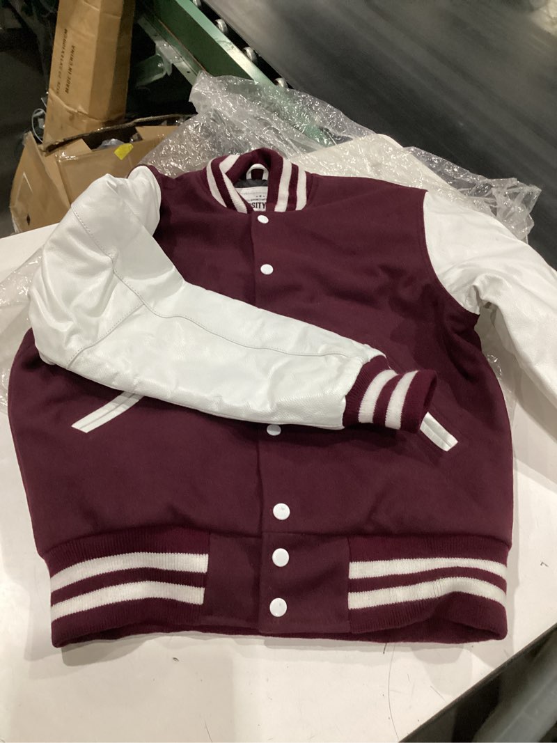 Condition photo showing New/Like New for kicky varsity jacket classic letterman baseball jacket wool body with genuine cowhide leather sleeves17 color options small burgundy white