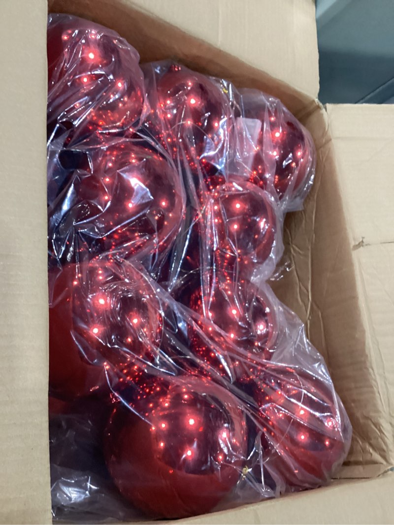 Condition photo showing New/Like New for 2 Sets Lighted Christmas Porch Decor, Giant Ball Garlands 6 ft with 18 Pcs 6" Large Xmas Ball 2 Pcs 20" Large Bows for New Year Party Decor Front Door Outdoor Indoor Tree Banister(Red)