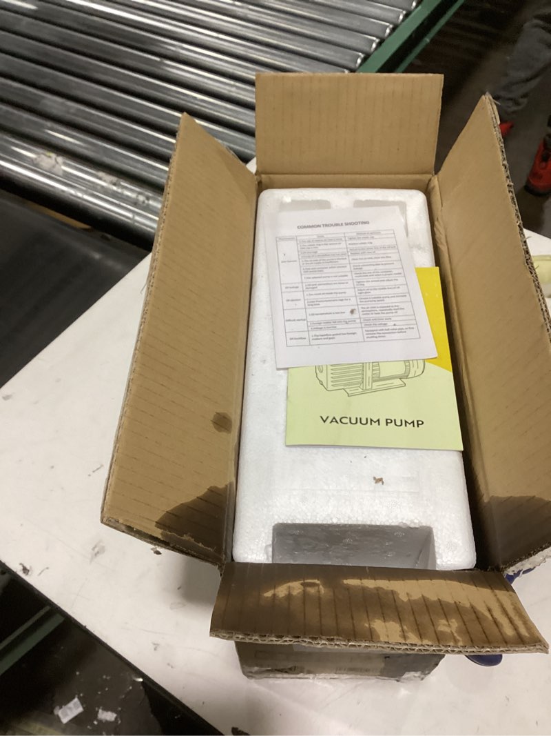Condition photo showing As Is for vivohome 110v 1/3 hp 4 cfm single stage rotary vane hvac vacuum pump with oil bottle, auto ac vacuum pump for automotive air conditioner servicing resin degassing blue 4 cfm