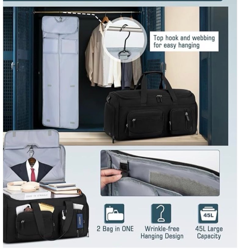 RAINSMORE Convertible Garment Bags for Travel, 45L Garment Duffle bag for Hanging Clothes, 3 in 1 Su