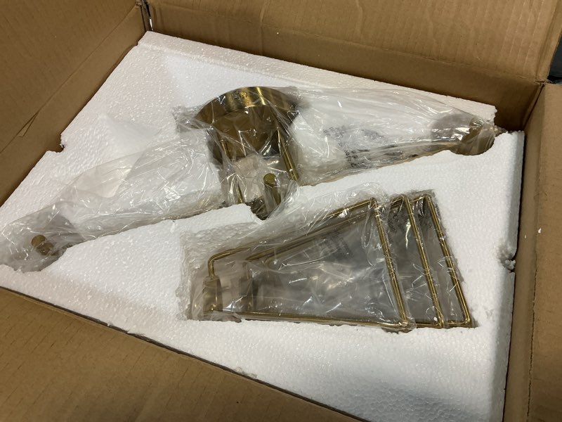 Condition photo showing Good Condition for Industrial Bathroom Vanity Lights: 3 Lights Brushed Gold Vintage Metal Cage Wall Lamps - Rustic Farmhouse Lightning Fixture Over Mirrors Cabinet for Dressing Hallway Gold 3 Light