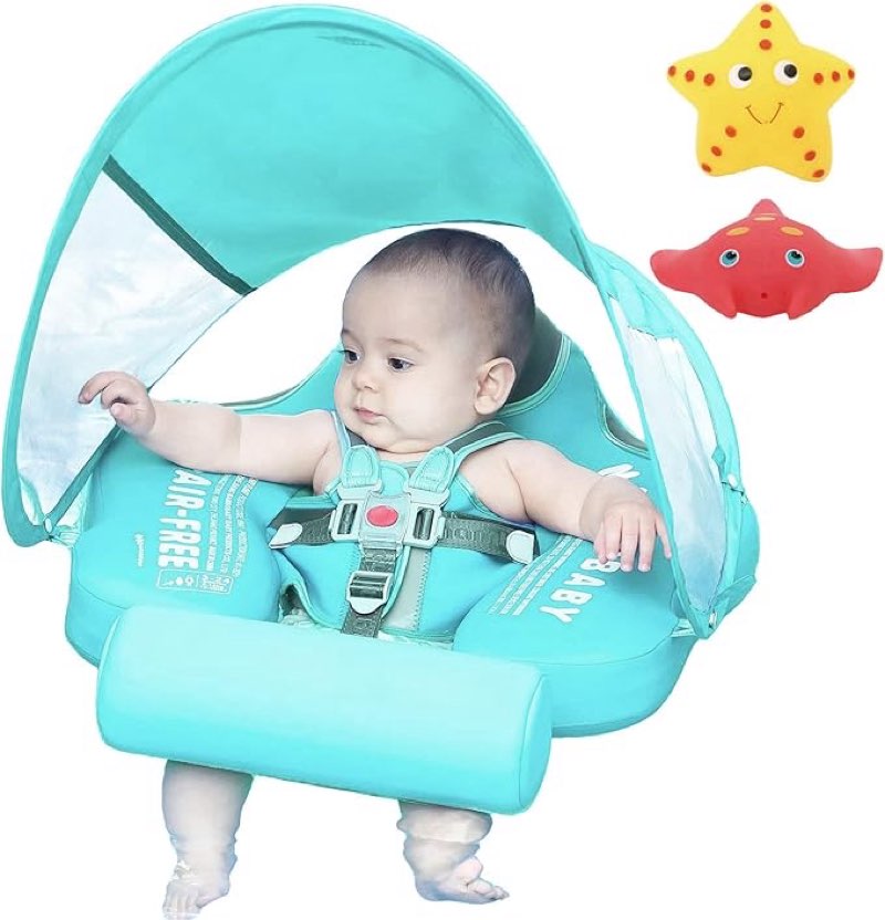 Mambobaby Float with Canopy Size Improved Non Inflatable Infant Baby Pool Float Smart Mambo Float Swim Trainer Add Tail Baby Swim Float Mambo Baby Float Solid Air Free Water Waist Swimming Ring