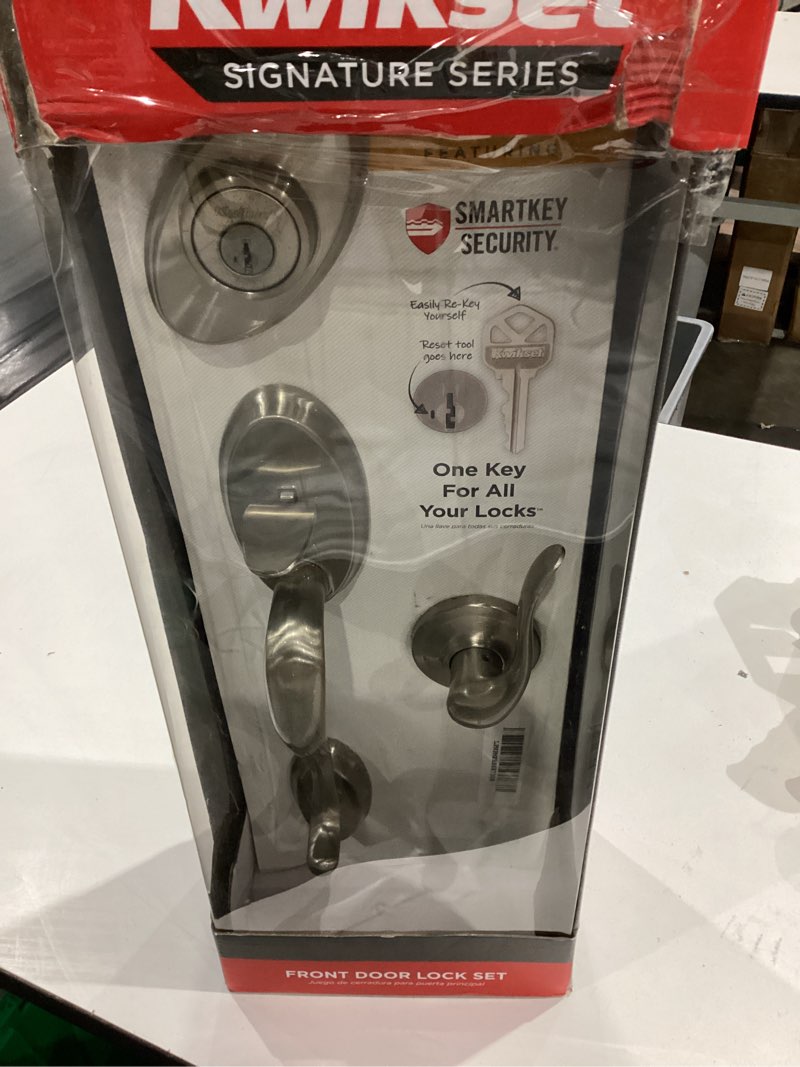 Condition photo showing As Is for kwikset shelburne front door lock handle and deadbolt set, entry handleset exterior with interior reversible lever, satin nickel, pick resistant smartkey rekey deadbolt security