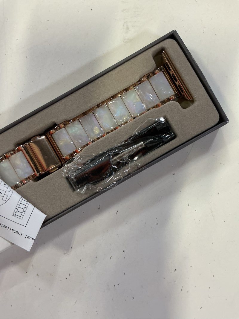 Condition photo showing New/Like New for v.r.hope apple watch band for women 38mm 40mm 41mm 42mm fashion rose gold stainless steel metal strap with resin inlay, fashion bracelet compatible with iwatch series 11/10/9/8/7/6/5/4/3/2/1/se (fluorescent white+rose gold) metal rose gold-fluorescent white 38mm/40mm/41mm/42mm