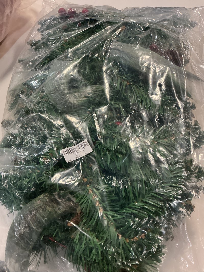 Condition photo showing Good Condition for christmas garland with 100 warm white led lights pre-lit 107in christmas decorations and red berries & pine cone for table fireplace wall indoor outdoor winter decor(battery operated). green-4