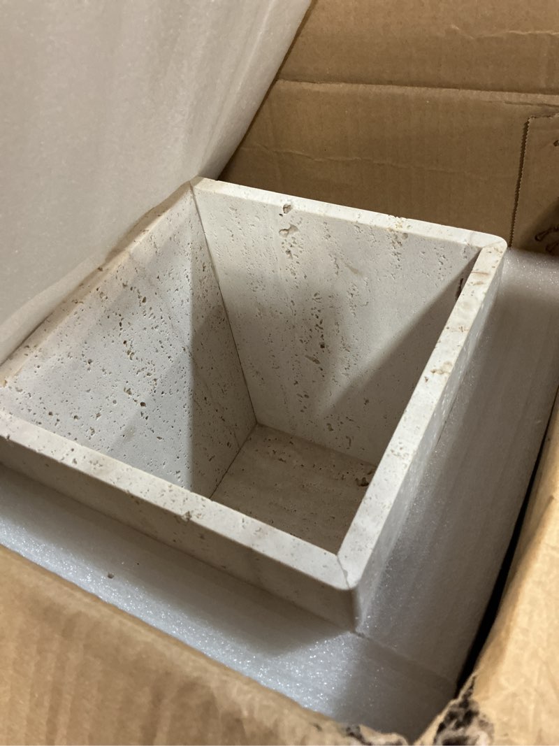 Condition photo showing New/Like New for rectangular ivory travertine bathroom trash can, natural organic stone office wastebasket, wabi-sabi durable storage basket, garbage container for bathroom, home office, bedroom, living room, toilet