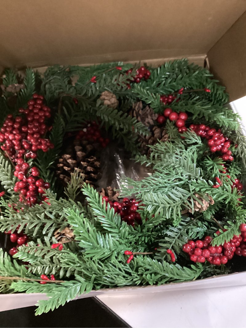 Condition photo showing Good Condition for Artificial Christmas Wreaths for Front Door Winter Door Wreath with Big Pine Cones,Pine Needles,Christmas Berry for Front Door Farmhouse Indoor Outdoor Holiday Home Decor