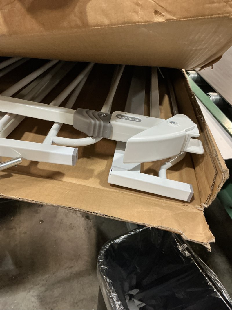 Condition photo showing As Is for regalo safety 38" baby gate for doorways & bottom of stairs, pressure mount design for babies, toddlers & pets, tested & safe for 30 years, american designed, american owned, white white 29-38.5"w x 30"h