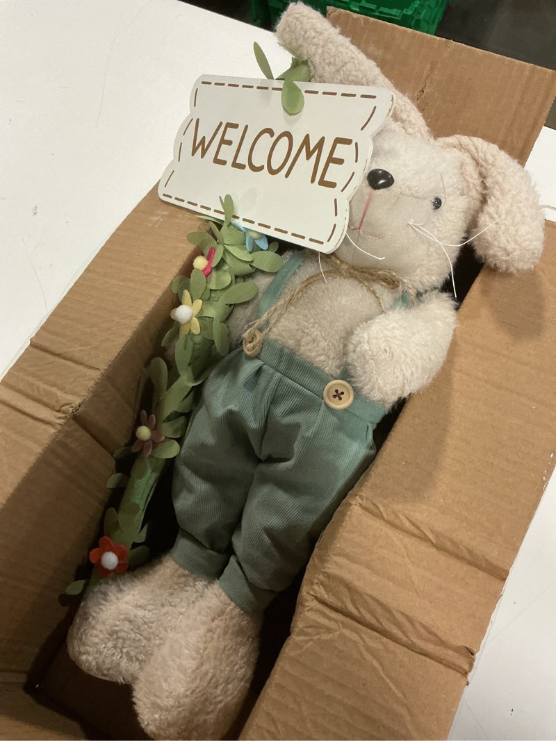 Condition photo showing Good Condition for (similar )unanscre standing easter bunny gnome decoration with 20.5''-24''adjustable wooden sign, stuffed rabb